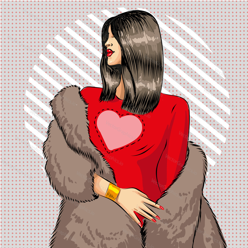Vector illustration of beautiful young woman wearing red dress and fur coat. Sexy brunette pin-up girl in retro pop art comic style.