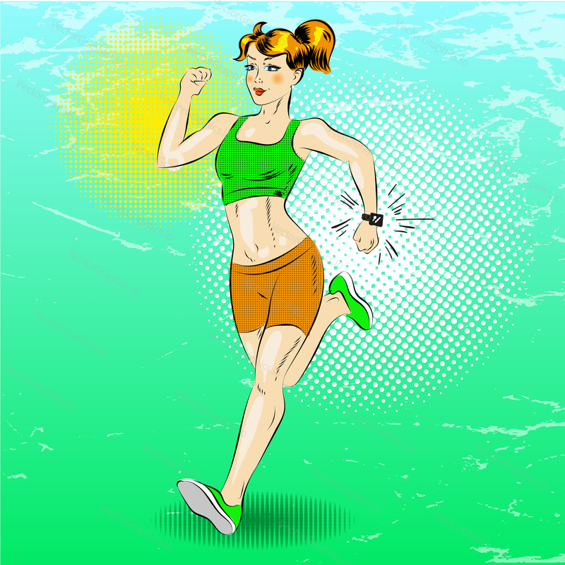 Vector illustration of young sporty girl running. Fitness girl, athlete in retro pop art comic style.