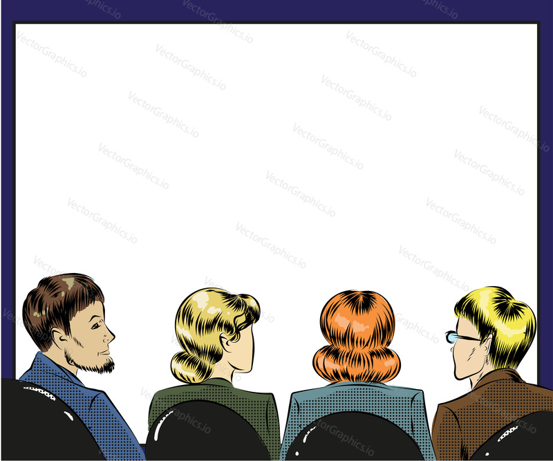 Vector illustration of group of people spectators. Listeners sitting back in first row in retro pop art comic style.