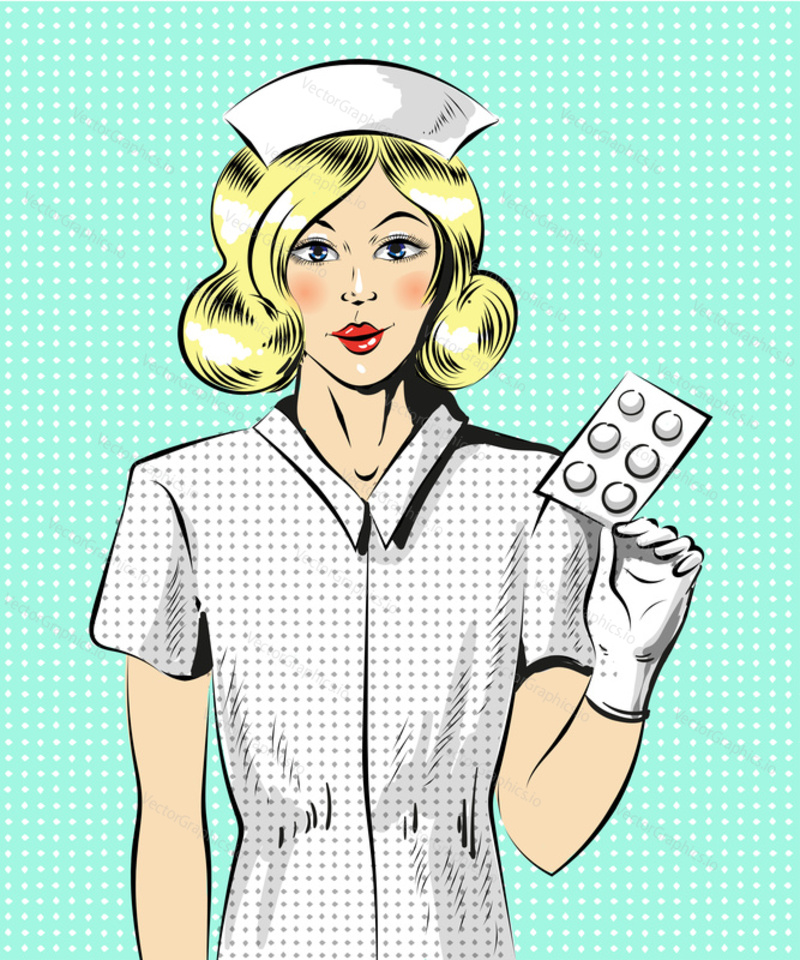 Vector illustration of beautiful blond woman holding pills. Nurse in retro pop art comic style.