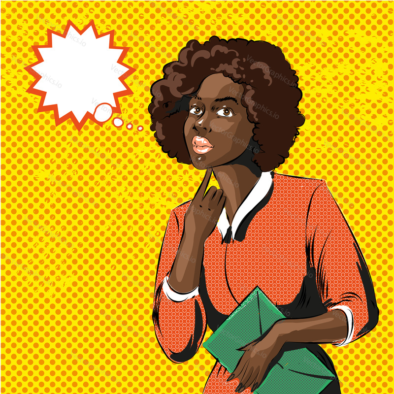 Vector illustration of pretty woman with curly afro hairstyle, speech bubble. African american woman with bag in retro pop art comic style.