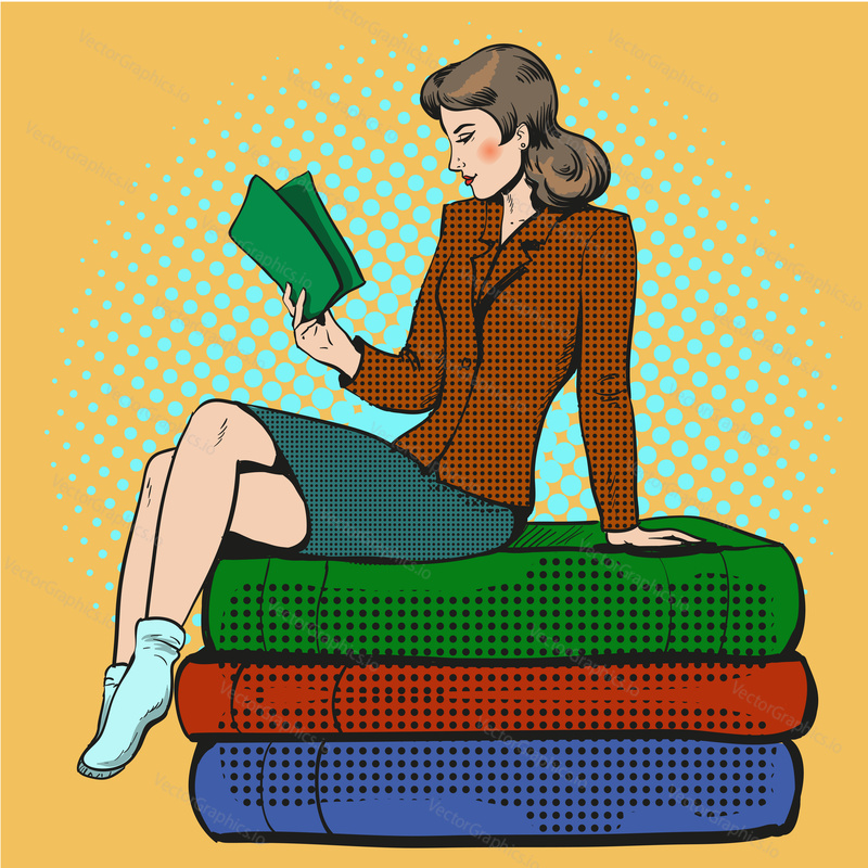 Vector illustration of young woman sitting on pile of books. Beautiful lady teacher, businesswoman reading book in retro pop art comic style.