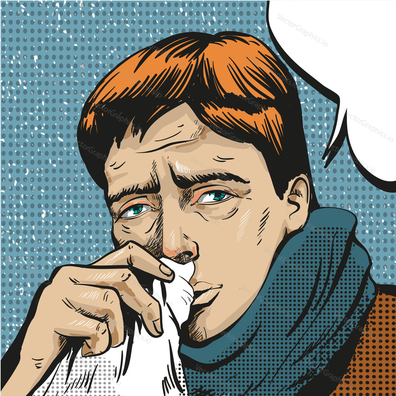Vector illustration of man having a cold or having the flu, his nose is running. Sick man in pop art comic style.