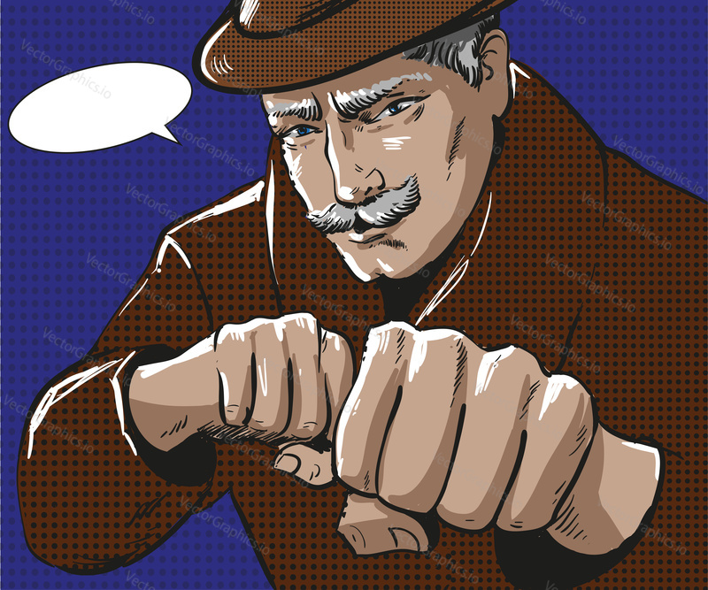 Vector illustration of senior grey-haired man wearing coat and hat. Businessman ready to strike with the fists and overcome challenges in retro pop art comic style.