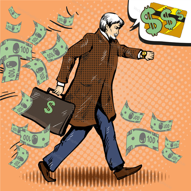 Vector illustration of walking businessman thinking about credit card. Man with briefcase full of money, dollar bills flying around him in retro pop art comic style.
