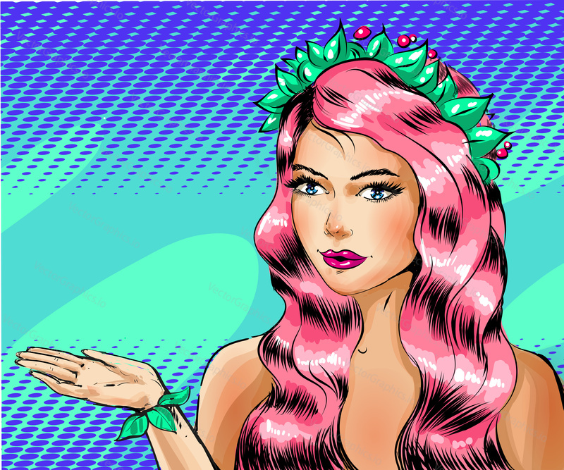 Vector illustration of beautiful woman with foliage wreath and wristlet. Sexy romantic pin-up girl with pink hair in retro pop art comic style.