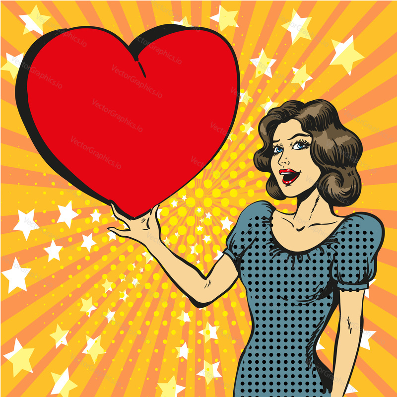 Vector illustration of happy beautiful woman holding red heart in her hand. Romantic lady in love, retro pop art comic style.