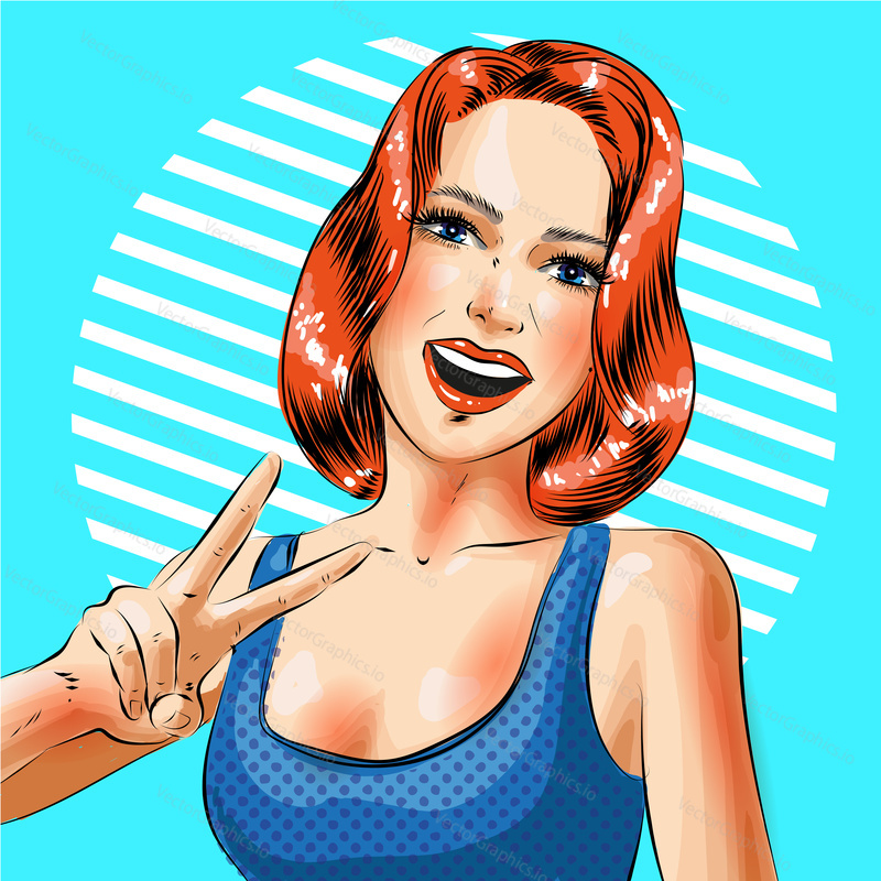 Vector illustration of smiling young girl showing victory or peace hand sign or gesture. Beautiful pin-up girl gesturing in retro pop art comic style.