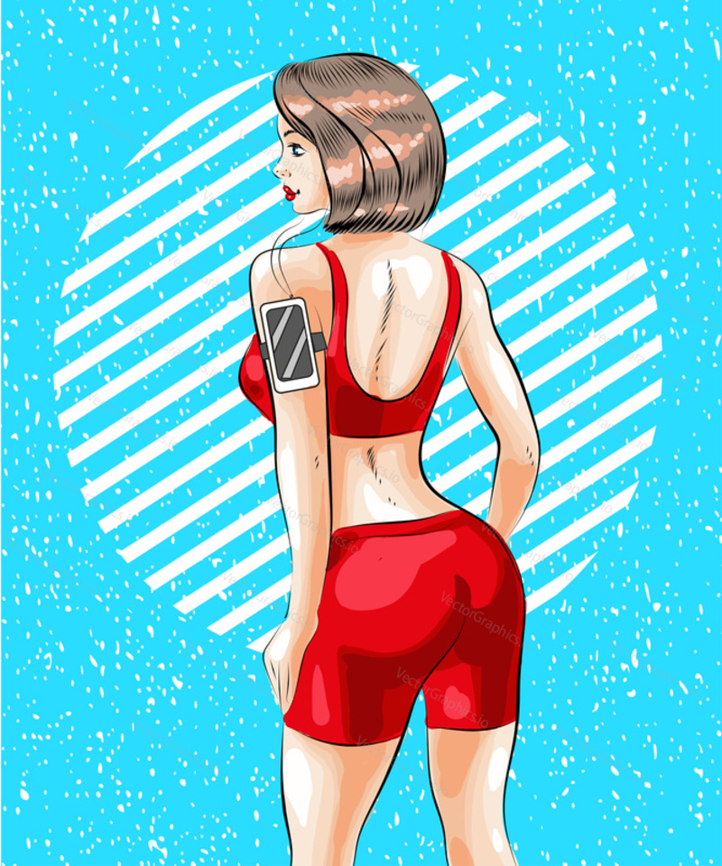 Vector illustration of fitness woman enjoying working out with music using armband mobile phone holder. Beautiful sporty girl in pop art retro style.