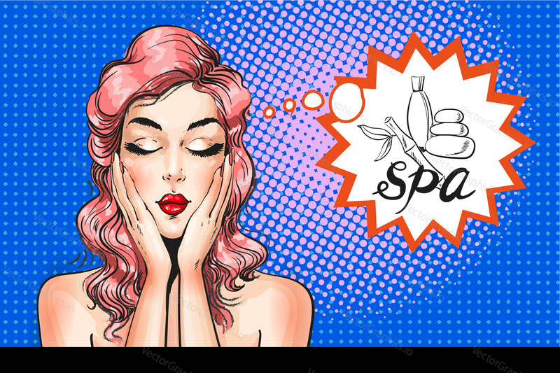 Vector illustration of beautiful woman enjoying spa procedures or dreaming about spa treatments. Spa salon concept in retro pop art comic style.