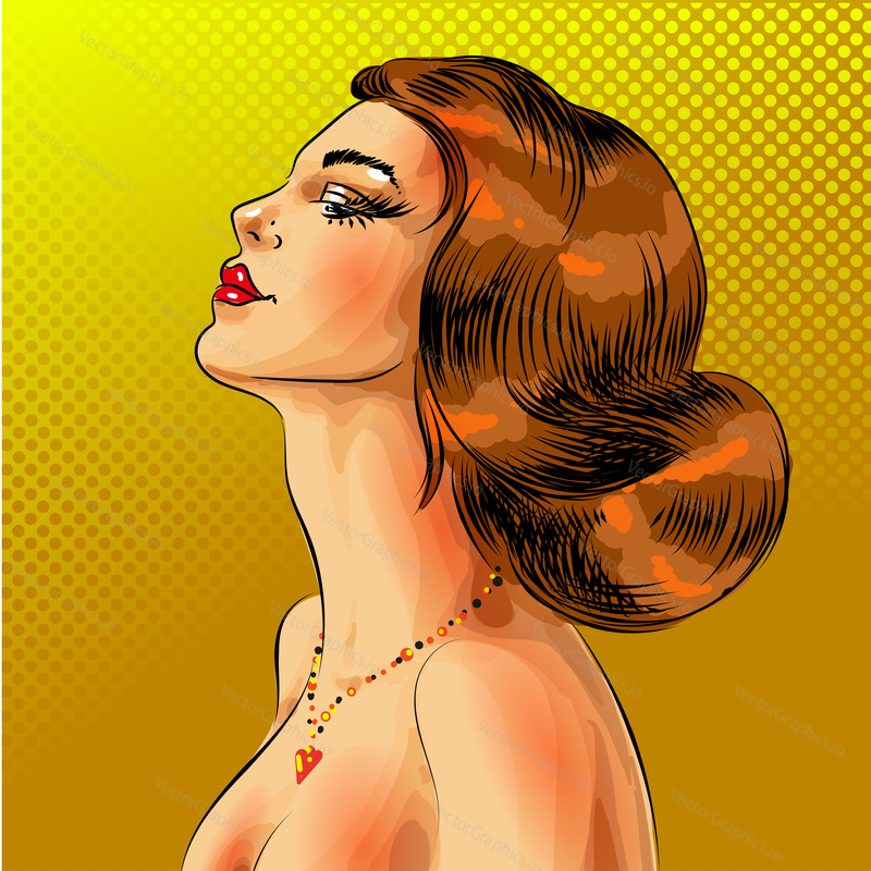 Vector pop art beautiful woman side view portrait. Redheaded sexy pin-up girl with eyes closed in comic book style.