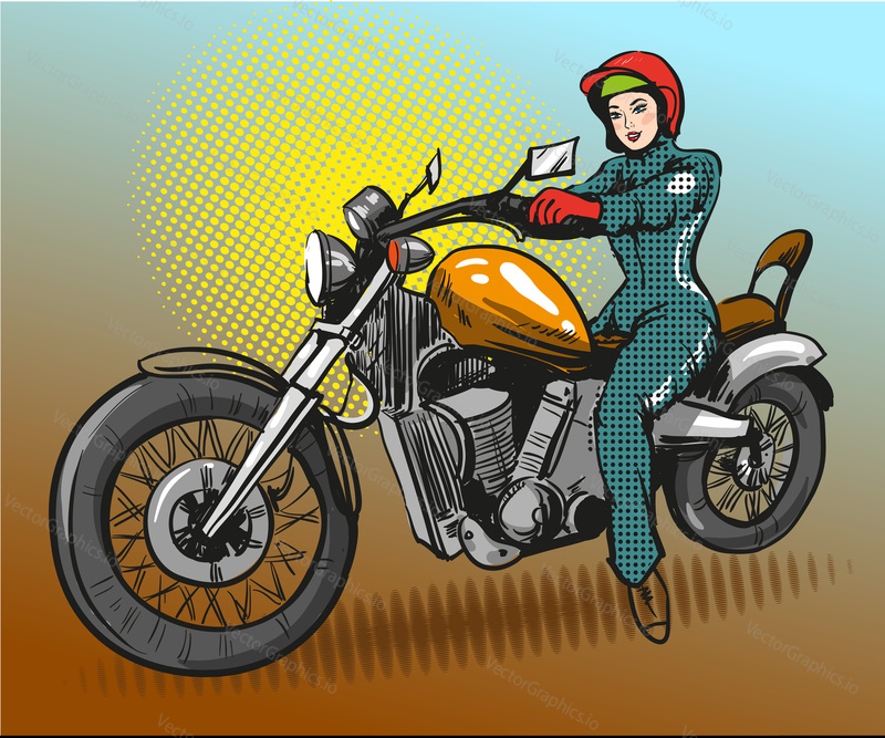 Vector illustration of young woman sitting on motorcycle. Motorcyclist or model girl in retro pop art comic style.