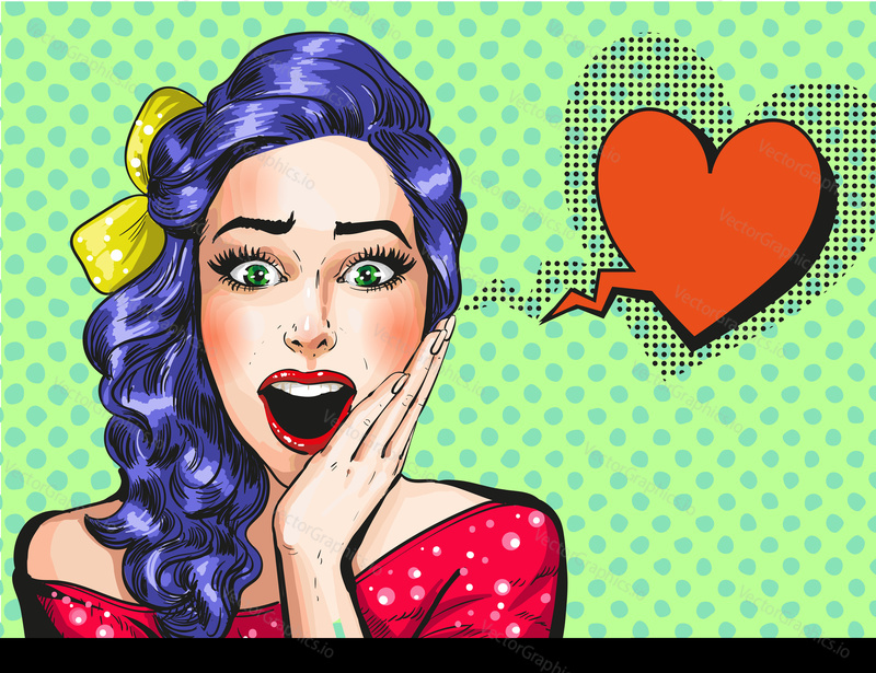 Vector illustration of beautiful pin-up wonder girl with heart shaped speech bubble. Happy surprised falling in love girl in pop art retro comic style.