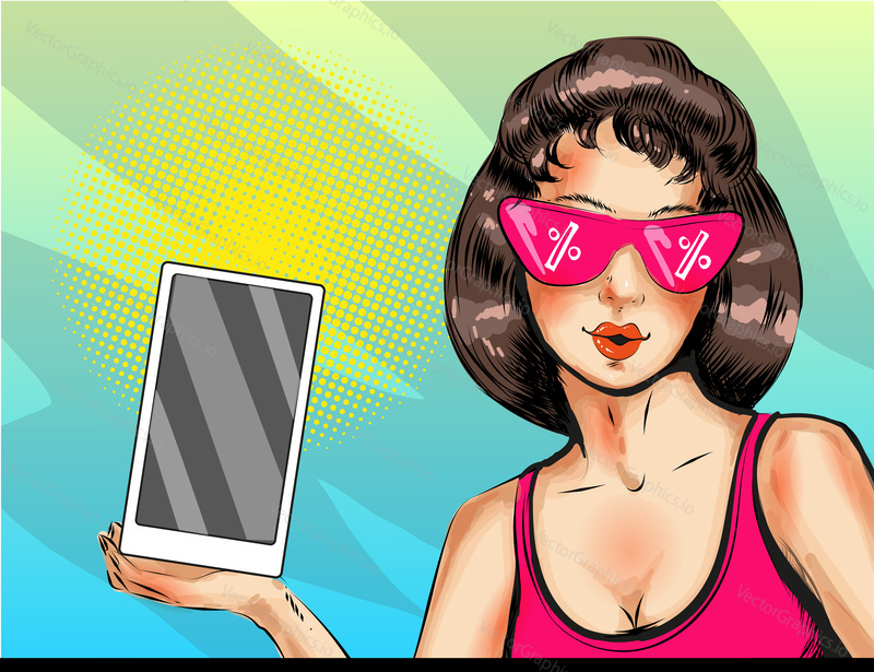 Vector illustration of beautiful girl in pink glasses with percentage signs showing digital tablet. Sales, discounts concept in retro pop art comic style.