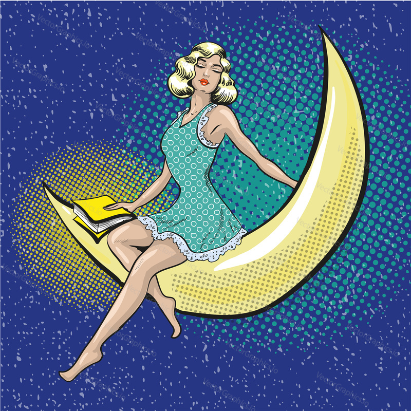 Vector illustration of pretty woman sitting on the crescent. Dreaming girl with book in retro pop art comic style.