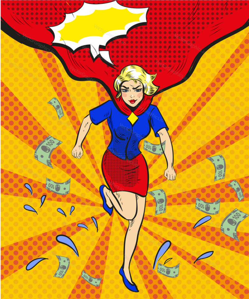 Vector illustration of running businesswoman wearing red cape. Retro pop art comic girl in superhero costume, flying paper money, speech bubble.