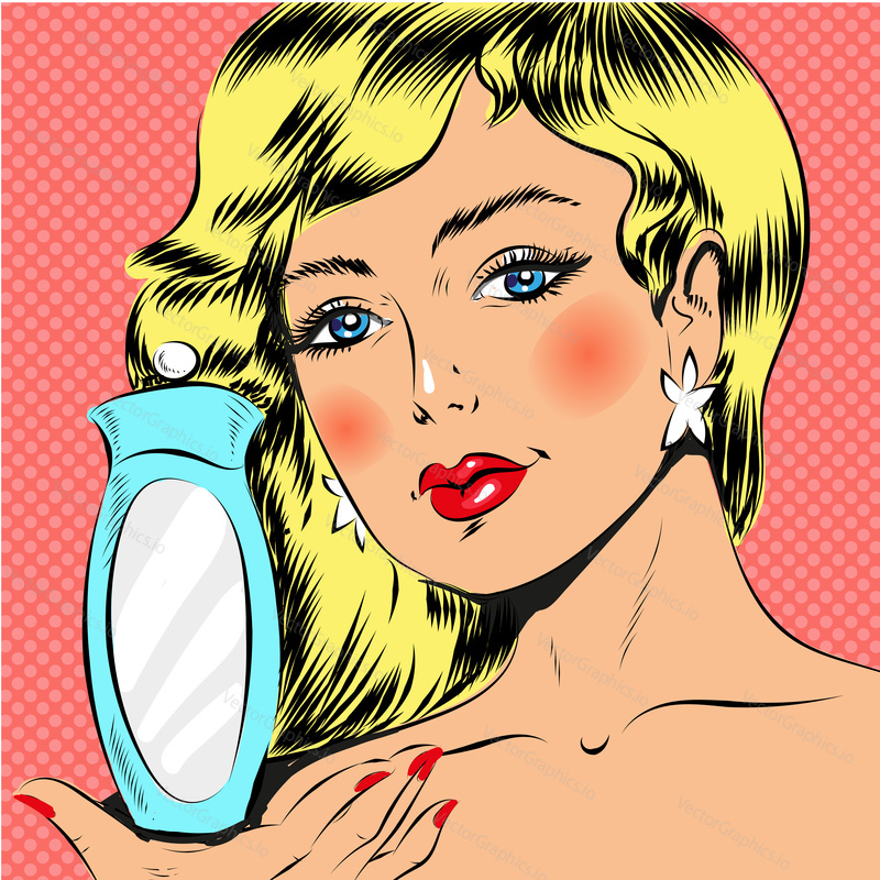 Vector illustration of beautiful woman holding perfume bottle. Pin up blonde girl in retro pop art comic style.