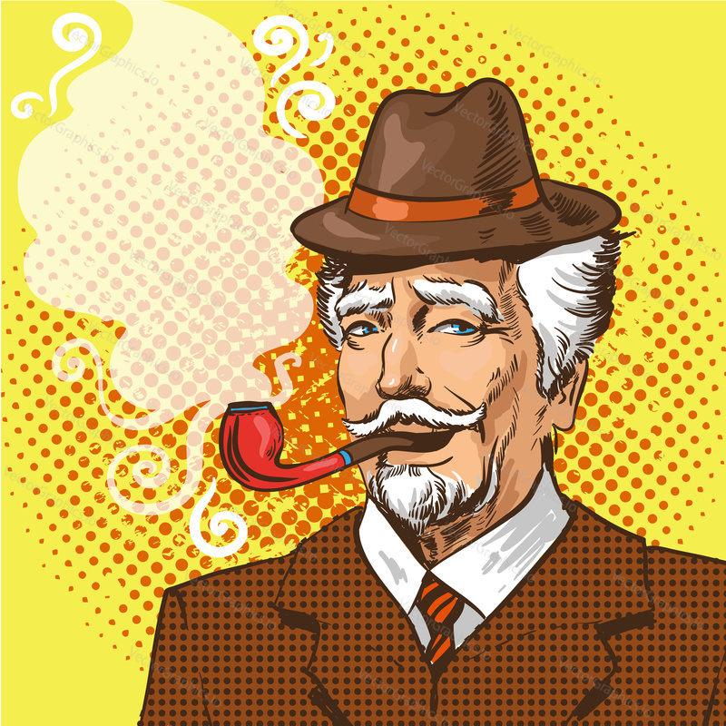 Vector illustration of senior man smoking pipe in retro pop art comic style.