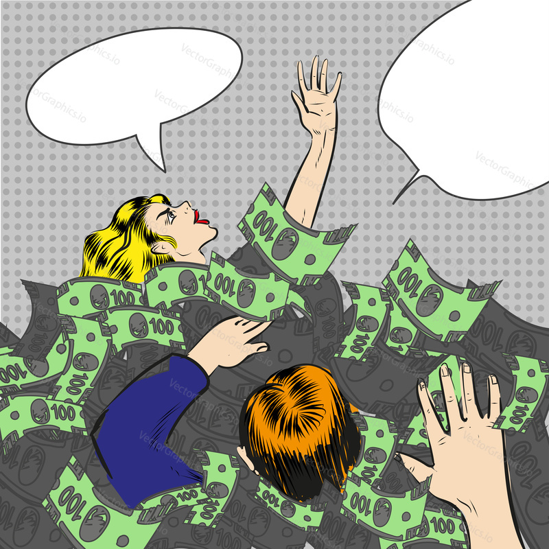 Vector illustration of man and woman with arms raised covered with paper money. Sinking in money people in retro pop art comic style.