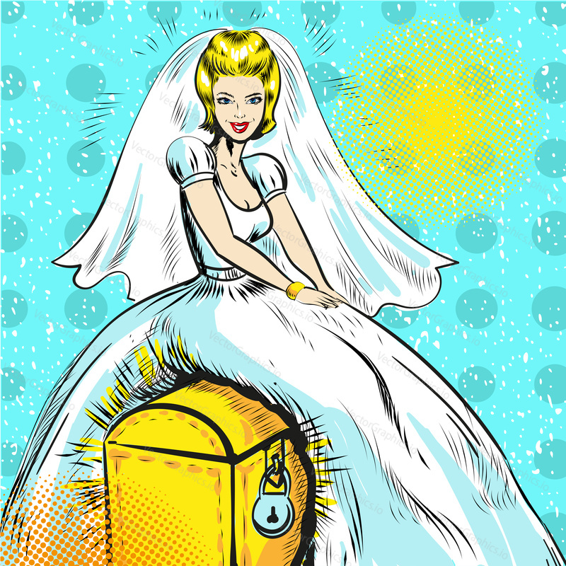 Vector illustration of happy bride in wedding dress sitting on chest with wealth. Retro pop art comic style.