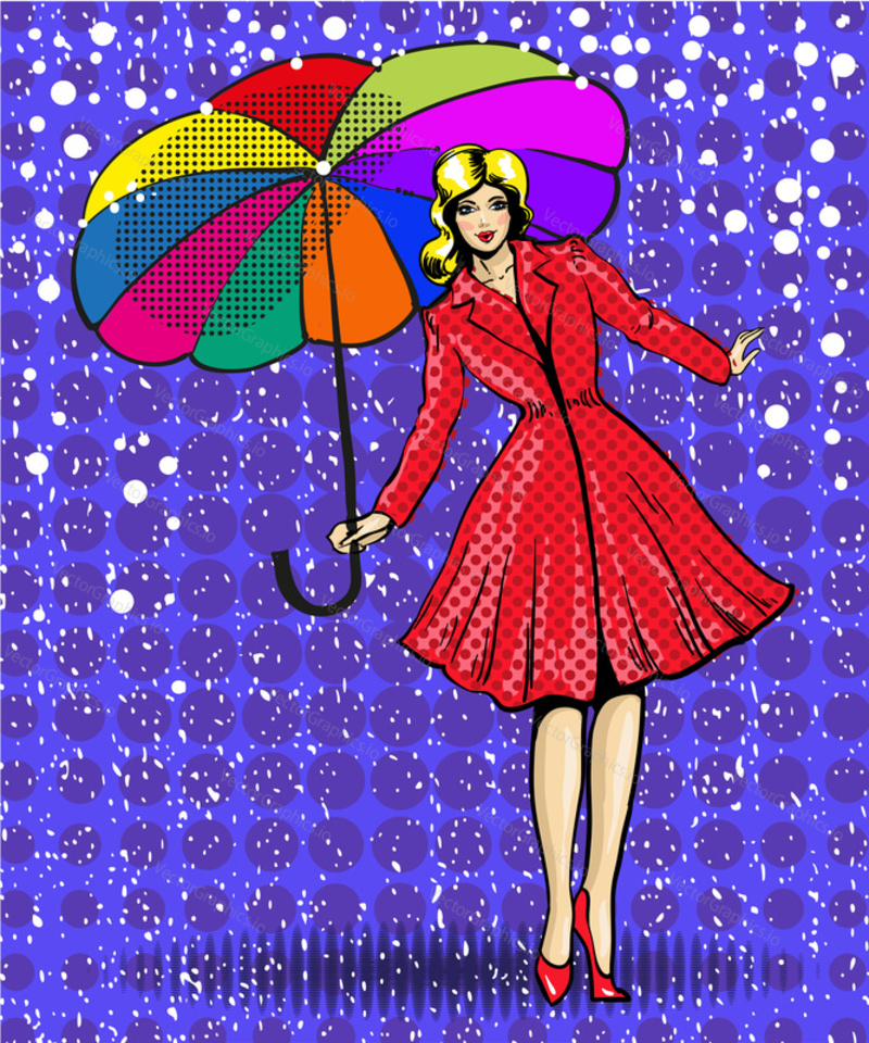 Vector illustration of pretty young woman with umbrella. Elegant girl wearing red coat and red shoes in retro pop art comic style.