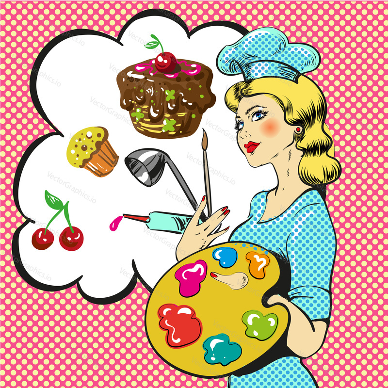 Vector illustration of professional confectioner female decorating pastry, thought bubble. Baking and pastry arts design element in retro pop art comic style.