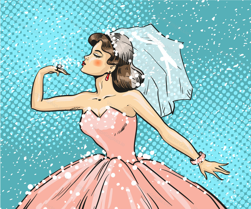 Vector illustration of bride looking at wedding ring on her finger. Beautiful lady wearing wedding dress and bridal veil in retro pop art comic style.
