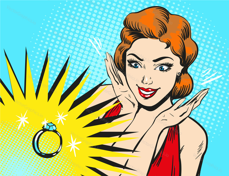 Vector illustration of beautiful happy and surprised woman looking at shining engagement ring in retro pop art comic style.