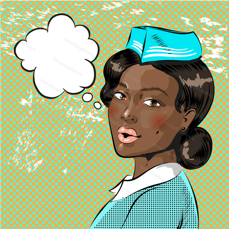 Vector illustration of beautiful african american flight attendant, speech bubble. Stewardess in retro pop art comic style.