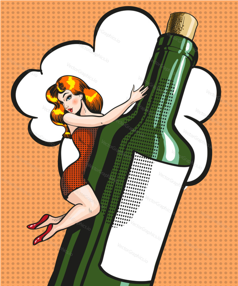 Vector illustration of young woman lying on bottle of wine in retro pop art comic style.