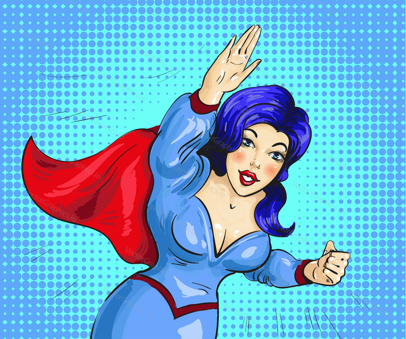Vector illustration of flying up superwoman. Beautiful girl in superhero costume in retro pop art comic style.