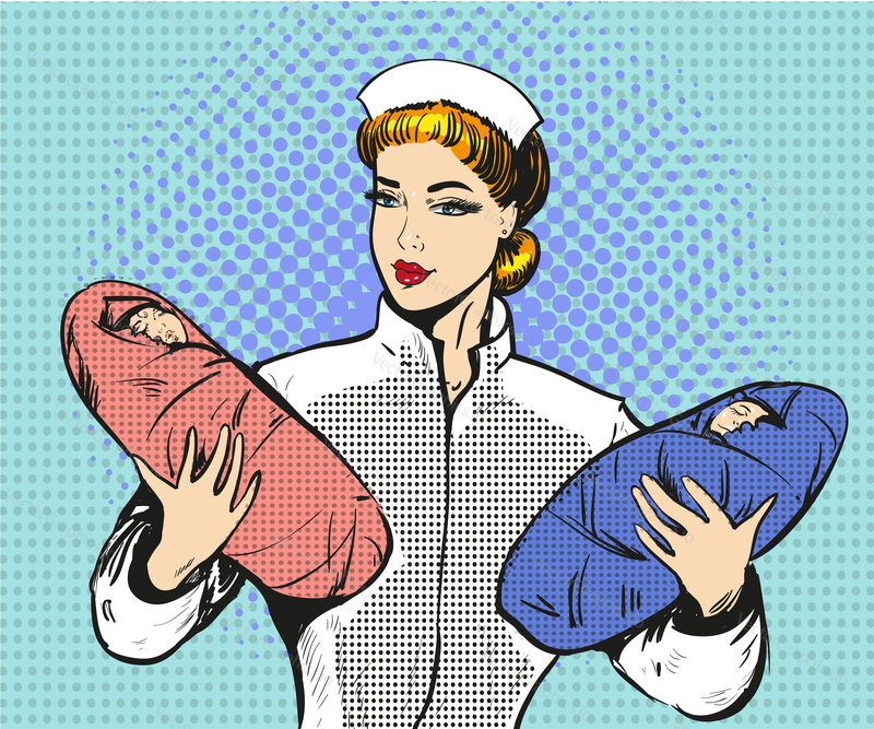 Vector illustration of maternity nurse holding twins in her hands. Midwife and two newborn babies boy and girl in retro pop art comic style.
