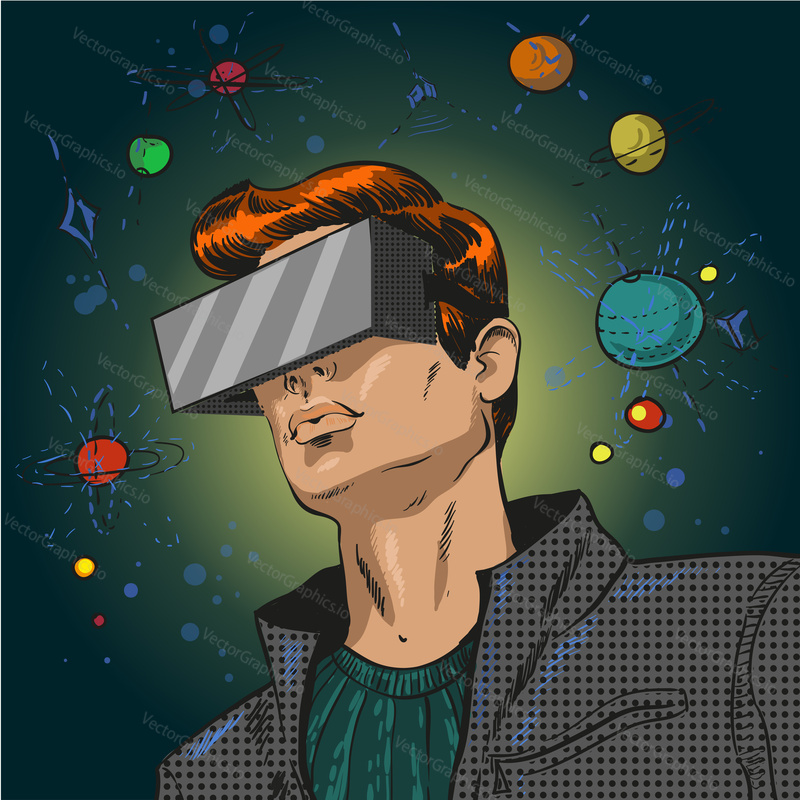 Vector illustration of young man in 3d anaglyph glasses in retro pop art comic style. Stereo glasses for cinema.