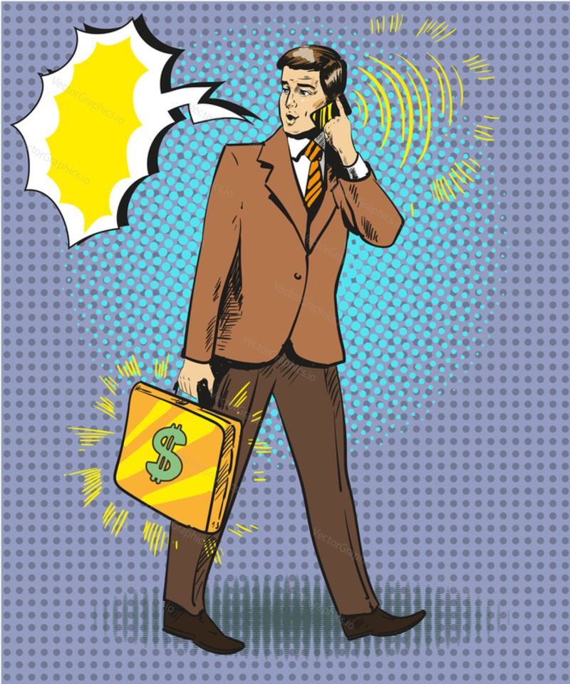 Vector illustration of businessman with briefcase talking on the phone, speech bubble. Retro pop art comic style.