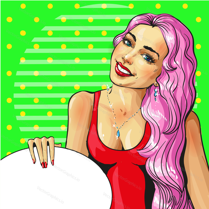 Vector illustration of beautiful girl trying on fashion jewelry earrings and necklace. Pin-up sexy girl portrait in retro pop art comic style.
