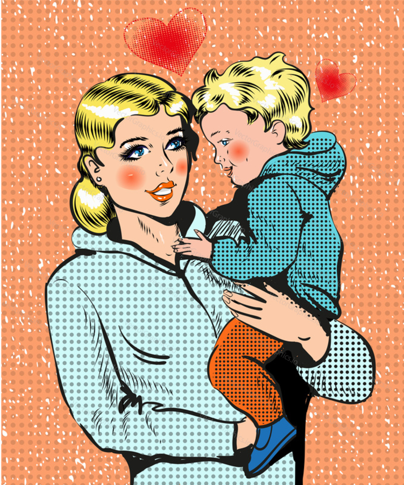 Vector illustration of young woman and loving mother holding her child. Mothers day greeting card template in retro pop art comic style.