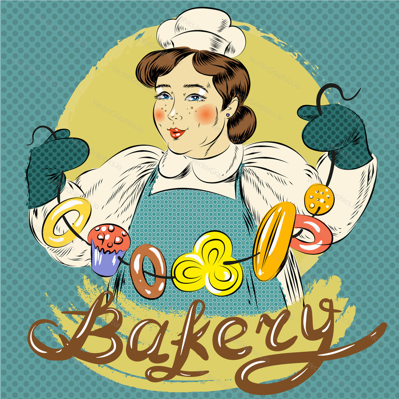 Vector illustration of woman with bundle of bagel and other pastry. Bakery concept, retro pop art comic style.