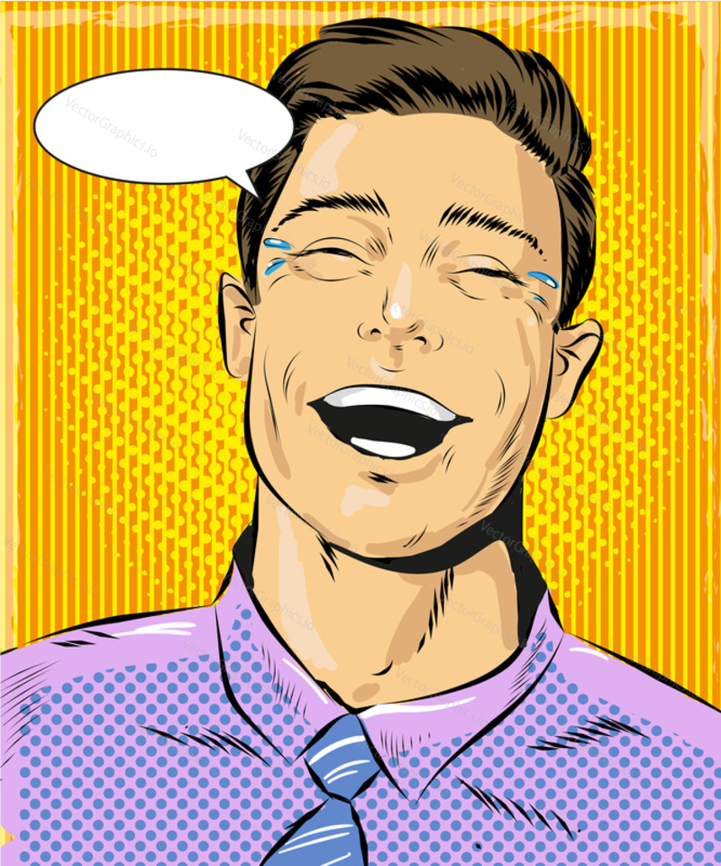 Vector illustration of laughing man, speech bubble. Happy face, positive emotion in retro pop art comic style.