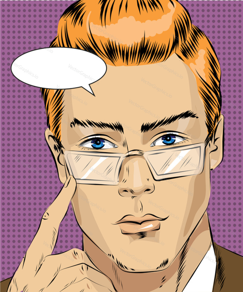 Vector illustration of man concentrating his attention on something in retro pop art comic style.