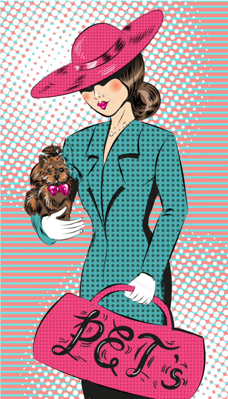 Vector illustration of girl in hat with her dog pet. Portrait of elegant girl with little dog in retro pop art comic style.