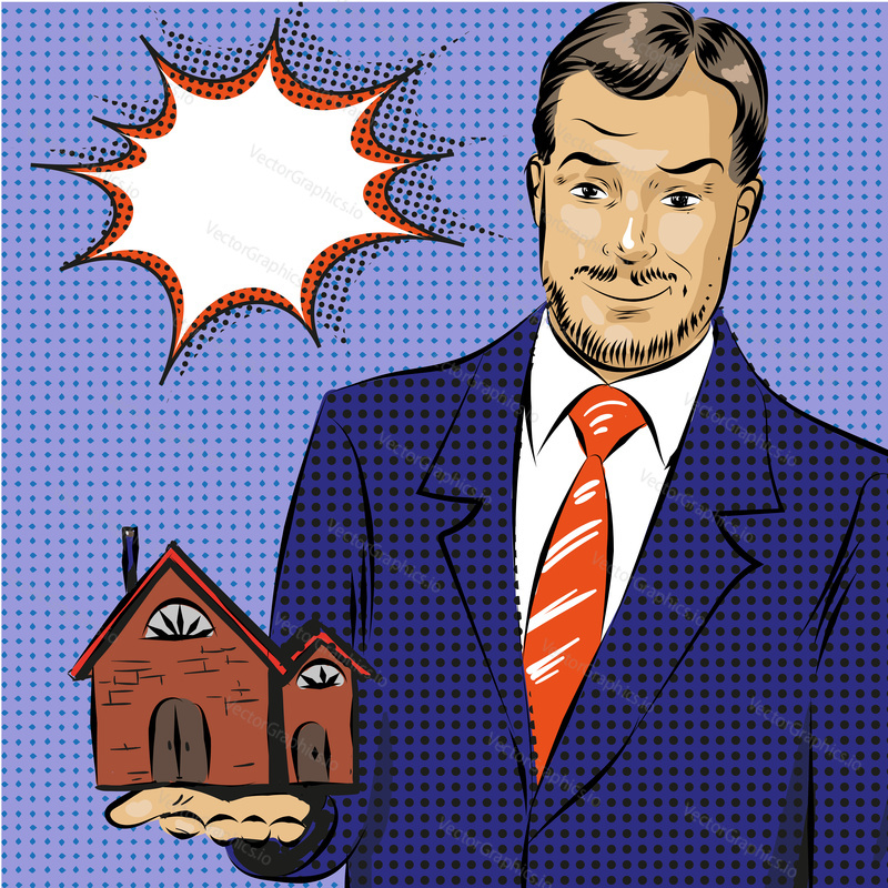 Vector illustration of realtor businessman offering real property for sellers, buyers. House rental. Real estate agent services concept in retro pop art comic style.