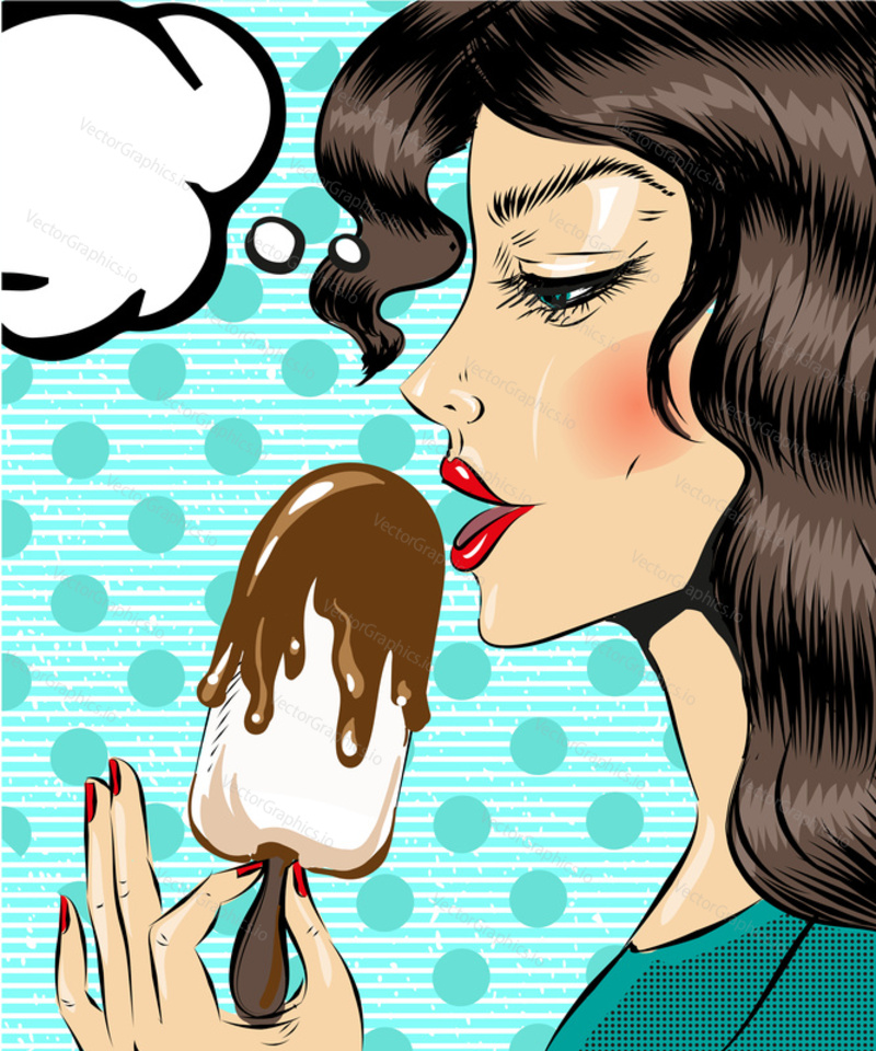 Vector illustration of sexy woman with tasty ice cream, speech bubble. Retro pop art comic style.
