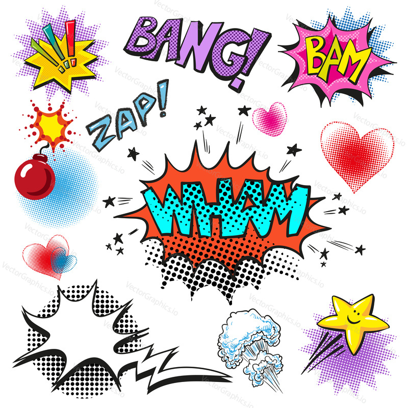 Vector vintage pop art comic speech and explosion bubble set with fashion phrases and expressions Bang, Zap, Wham, Bam.