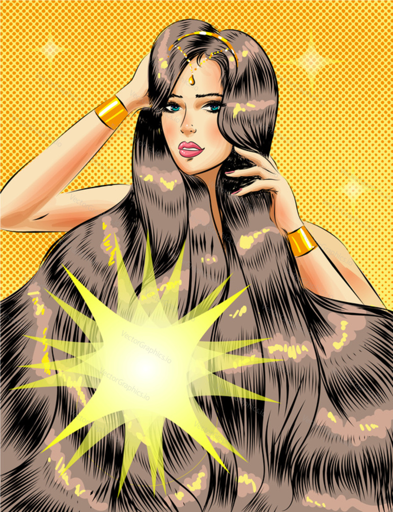 Vector illustration of beautiful woman with long glossy shiny hair. Sexy pin-up girl in retro pop art comic style.