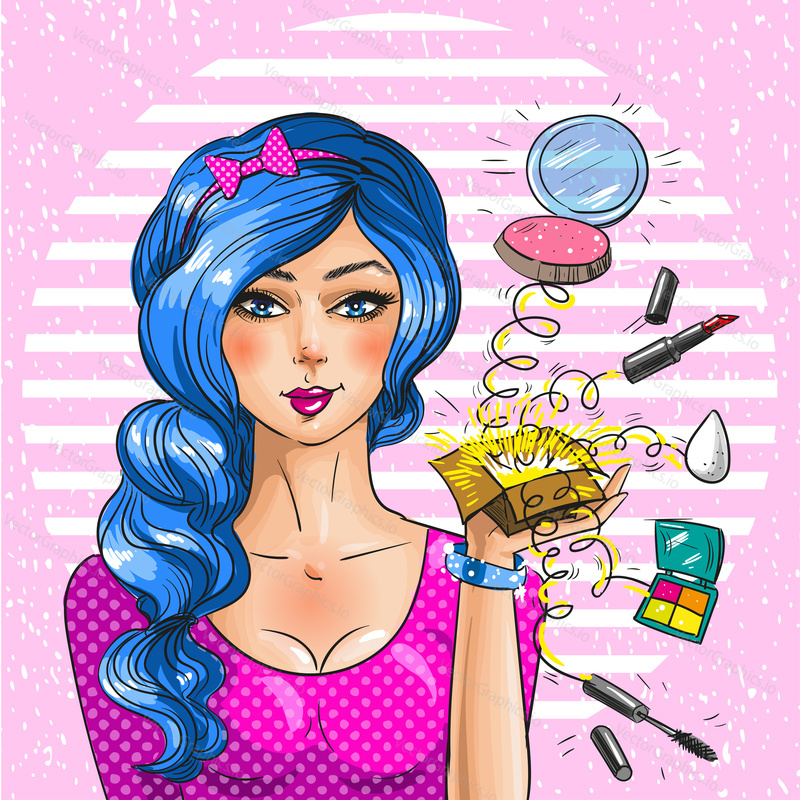 Vector illustration of beautiful woman visagiste with box full of makeup. Professional make-up artist in retro pop art comic style.