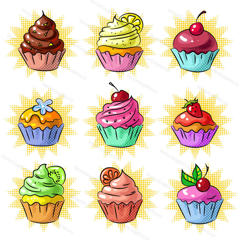 Vector pop art delicious cupcake set. Chocolate, fruit, vanilla muffins vintage sketch style illustration. Tasty cupcake patches, stickers collection.