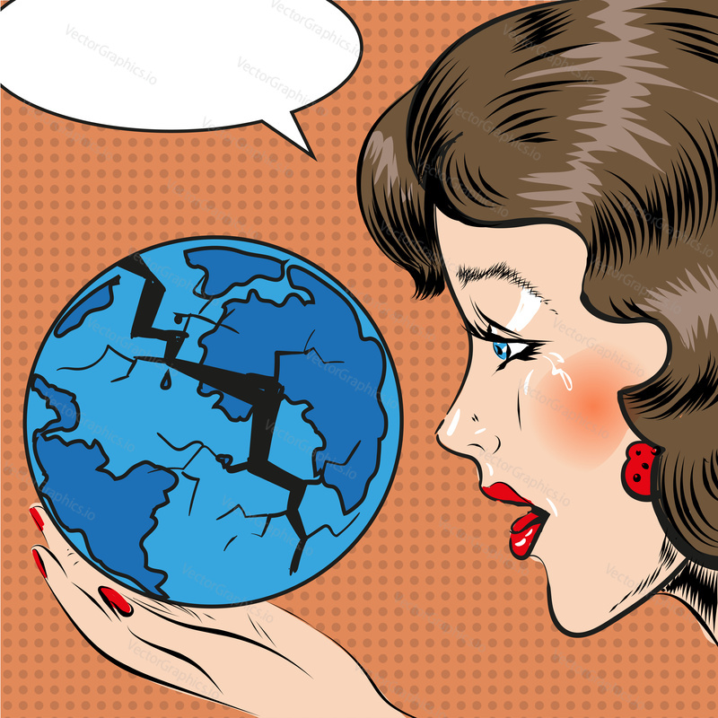 Vector illustration of sad beautiful woman looking at cracking globe in her hand, thought bubble. The whole world is falling apart concept design element in retro pop art comic style.