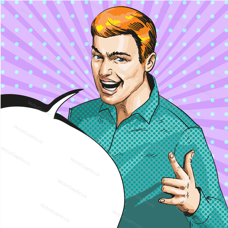 Vector illustration of happy young man showing ILY hand sign, speech bubble. Handsome man with I Love You gesture in retro pop art comic style.