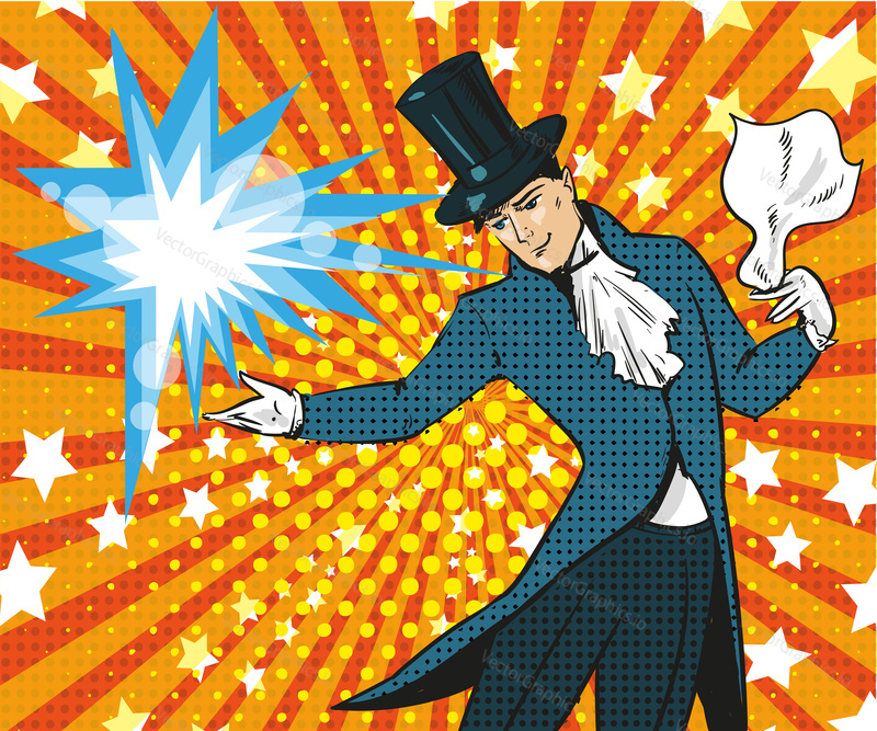 Vector illustration of magician performing trick. Illusions magic show or circus show design element in retro pop art comic style.