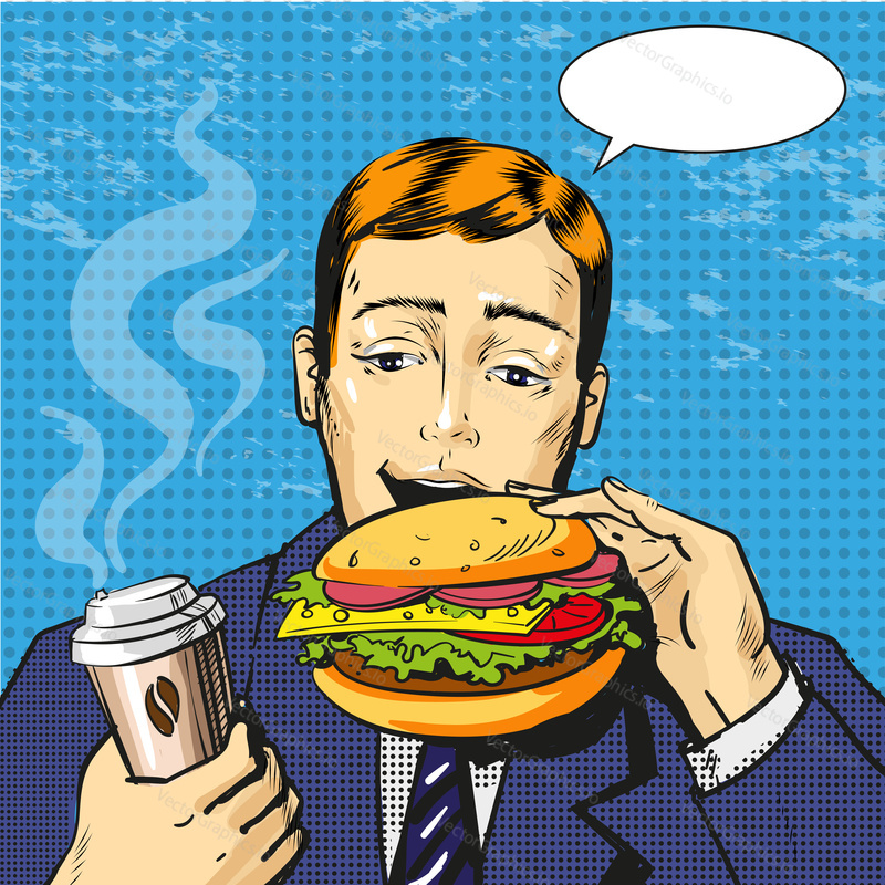Vector illustration of businessman eating burger, thought bubble. Fast food template in retro pop art comic style.